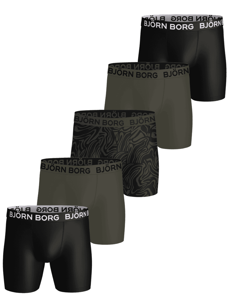 Sports Microfiber Boxers 5-pack in black, olive green, and an abstract pattern with white and black logo waistbands.