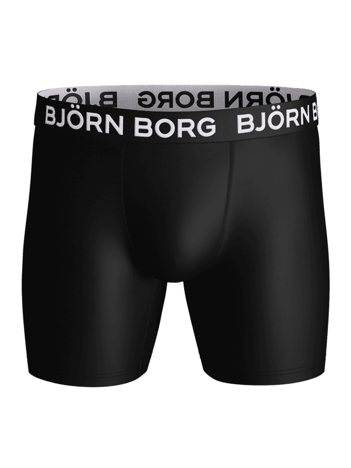 Front view of the Sports Microfiber Boxer Briefs in black featuring a contrasting elastic waistband and white logo.