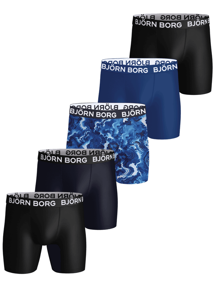 Front view of the Sports Microfiber Boxers 5-pack in multi-color featuring white logo waistbands.