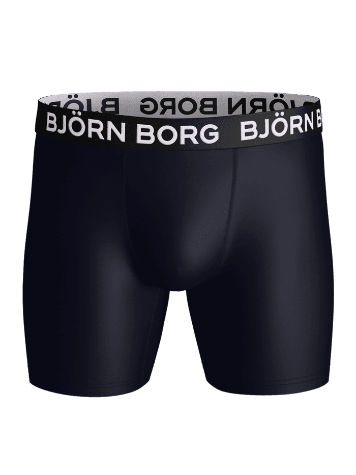 Front view of the Sports Microfiber Boxer Briefs 5-pack in dark navy with a white elastic logo waistband.