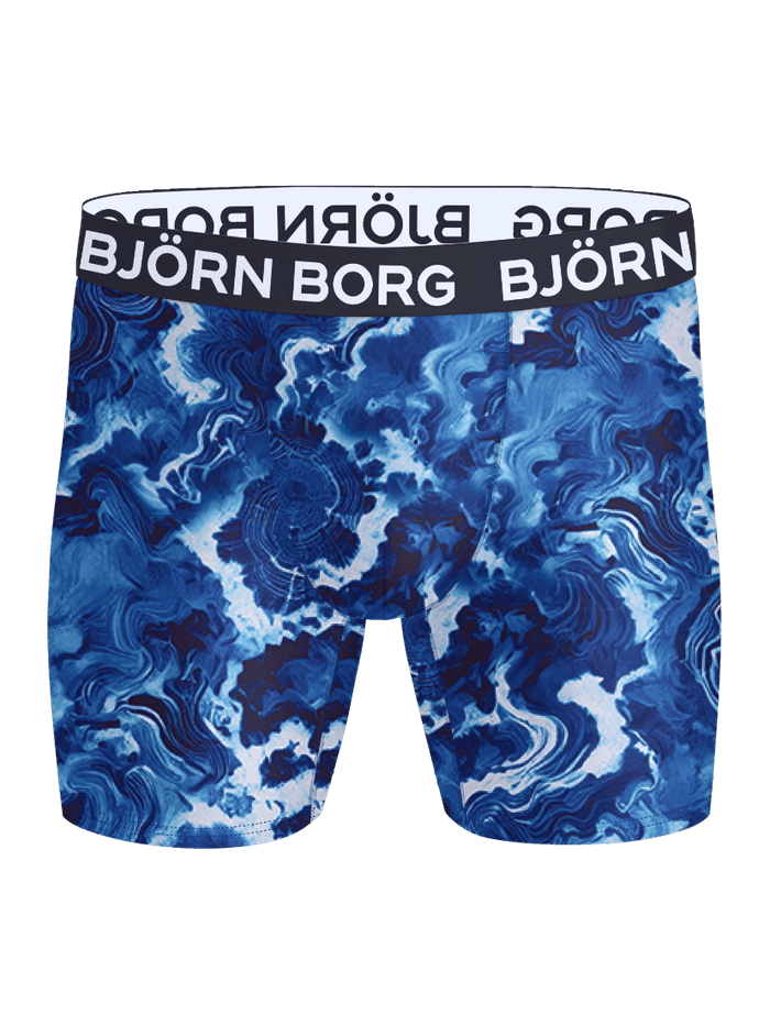 Front view of Sports Microfiber Boxers 5-pack in blue abstract pattern with black elastic waistband and white logo.