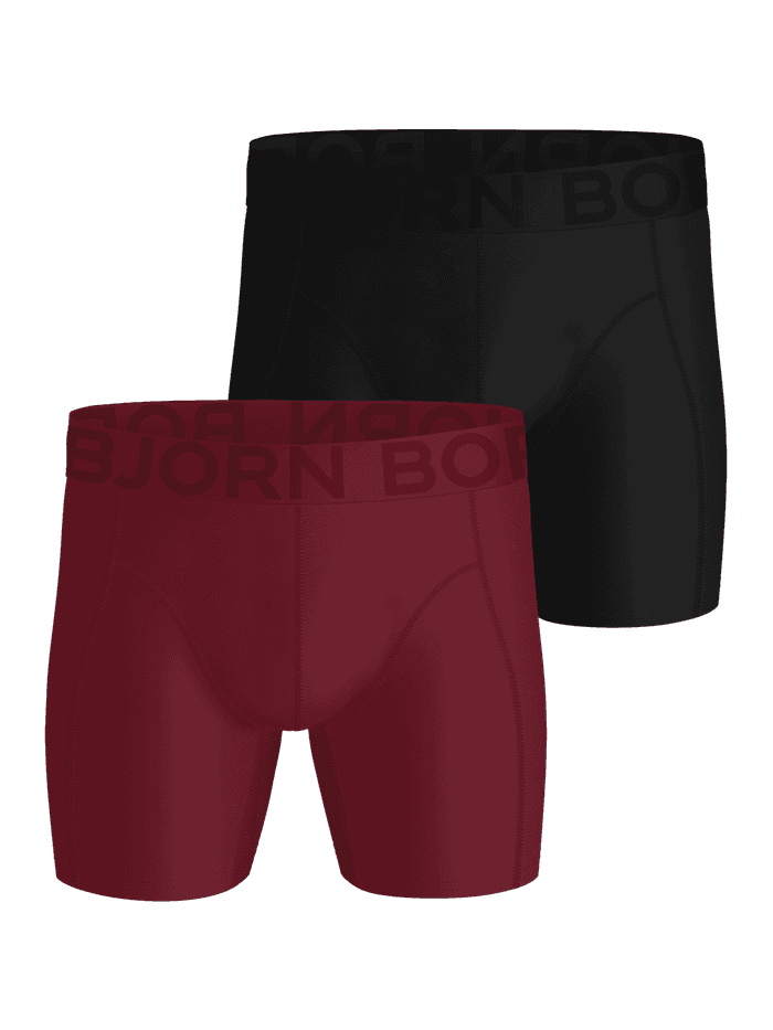 Front view of the Sports Lightweight Boxer 2-pack featuring one black and one red pair with elastic waistbands.