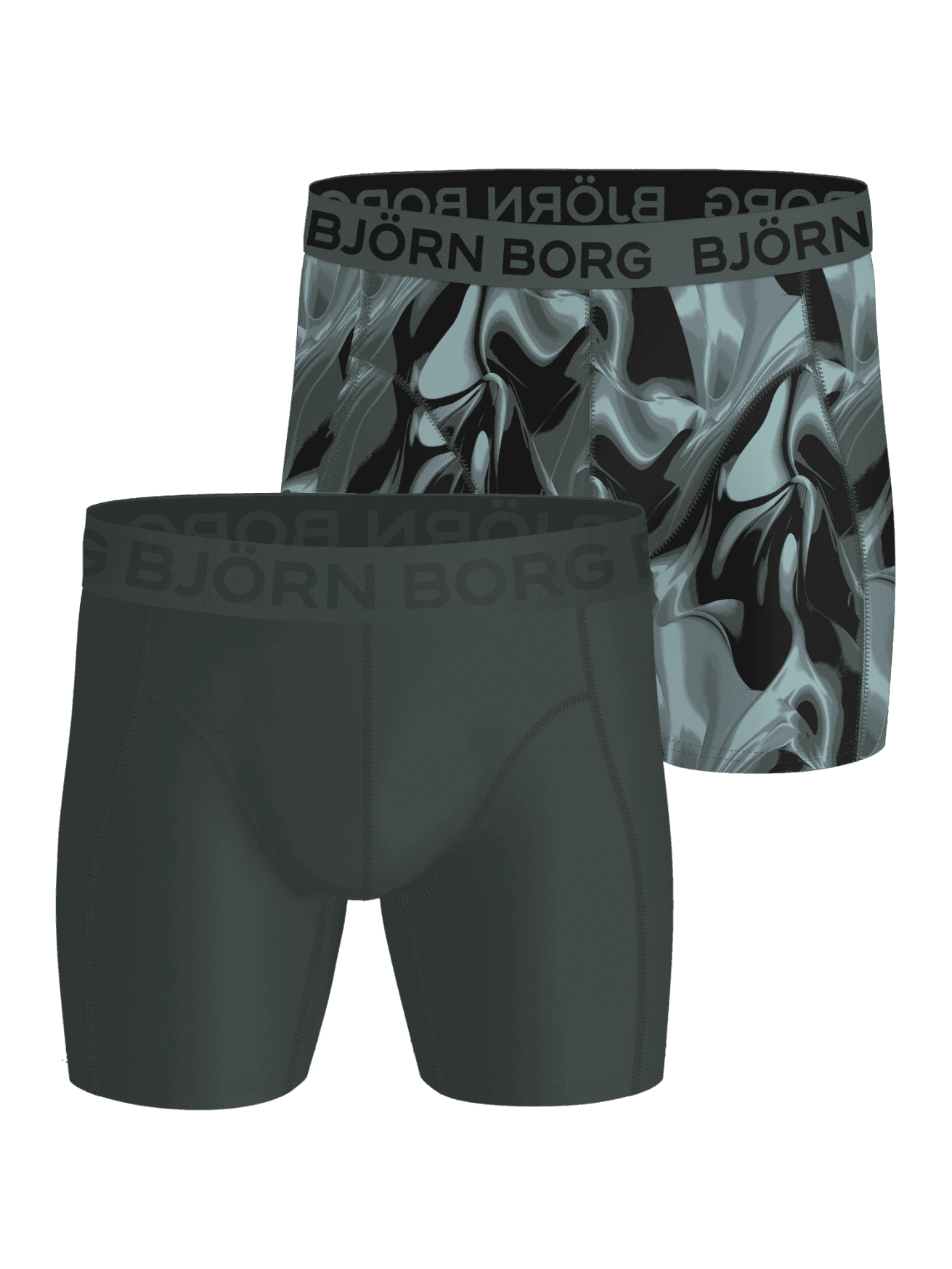Front view of Sports Lightweight Boxers 2-pack showing a green pair and a patterned pair with elastic logo waistbands. - Image 1