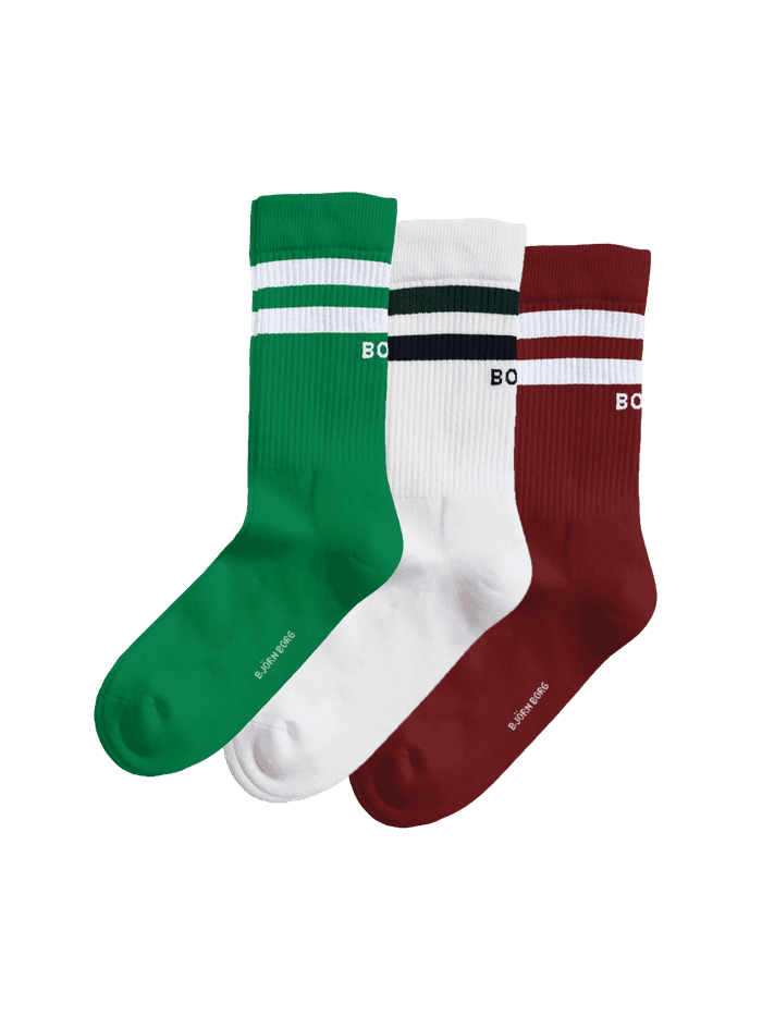 Classic Crew Socks 3-pack in red, white, and green featuring striped ribbed cuffs and white logo details.