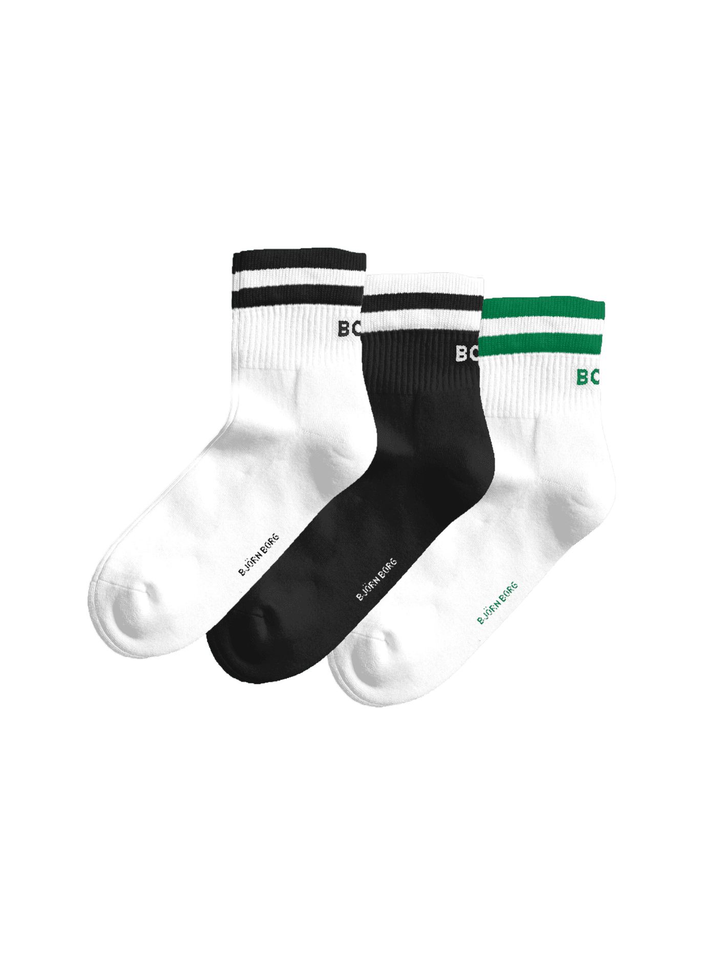 Classic Mid Ankle Socks 3-pack in white, black, and white with striped cuffs and logo details. - Image 1