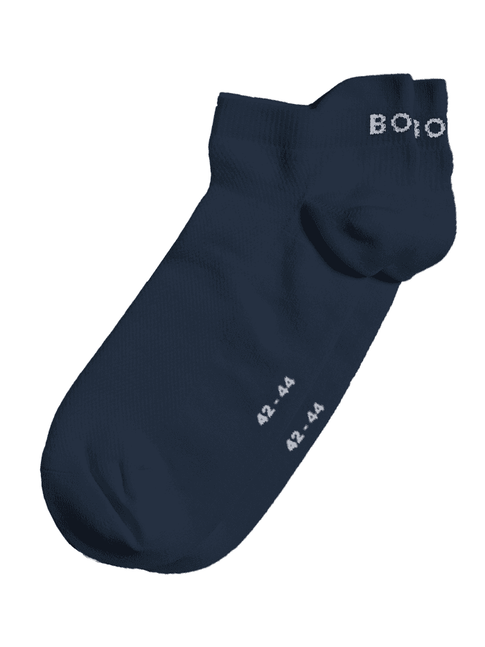 Close-up of the blue Sports Ankle Socks 2-pack highlighting the white size numbering and logo under foot.