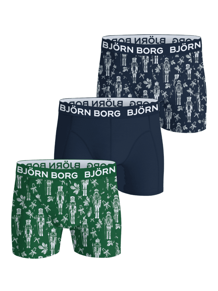 Front view of the Cotton Stretch Boxers 3-pack featuring green, navy, and nutcracker pattern designs with white waistbands.