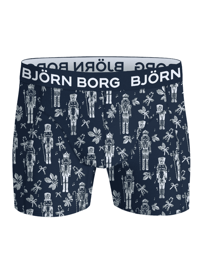 Cotton Stretch Boxers 3-pack featuring a navy and white nutcracker pattern with a white logo on the waistband.