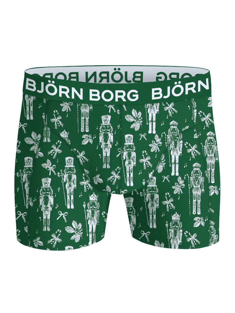 Front view of the Cotton Stretch Boxers 3-pack in green with a white nutcracker print and white Björn Borg logo waistband. - Image 2