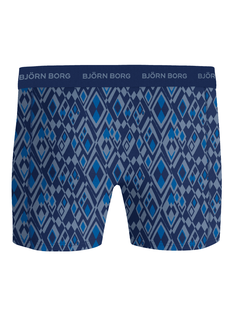 Front view of Cotton Stretch Boxer briefs 3-pack with blue diamond pattern and branded waistband. - Image 3
