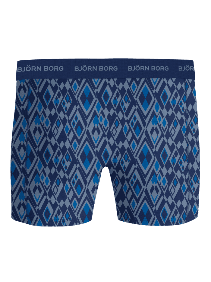 Front view of Cotton Stretch Boxer briefs 3-pack with blue diamond pattern and branded waistband.