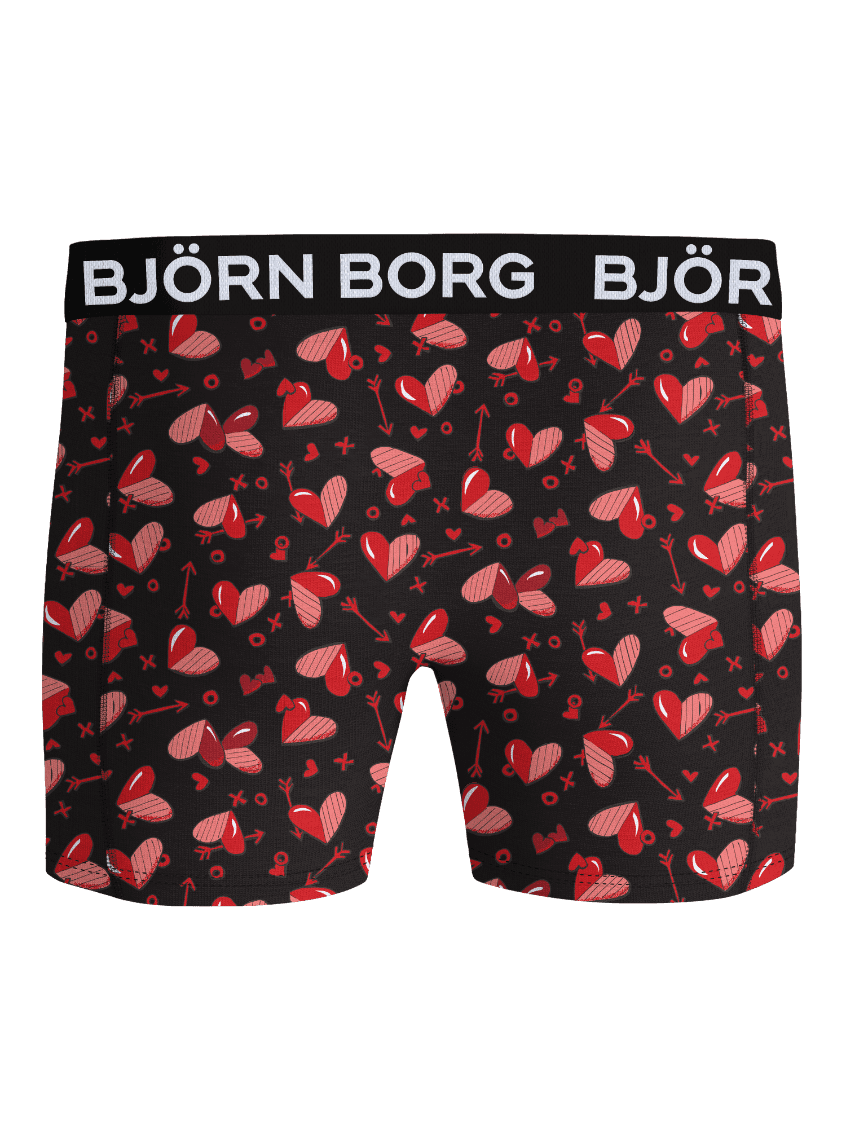 Front view of the Microfiber Boxers 1-pack with a red heart pattern and a black elastic waistband featuring a white logo. - Image 2
