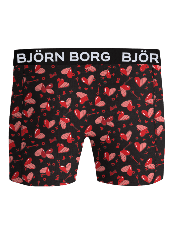 Front view of the Microfiber Boxers 1-pack with a red heart pattern and a black elastic waistband featuring a white logo.
