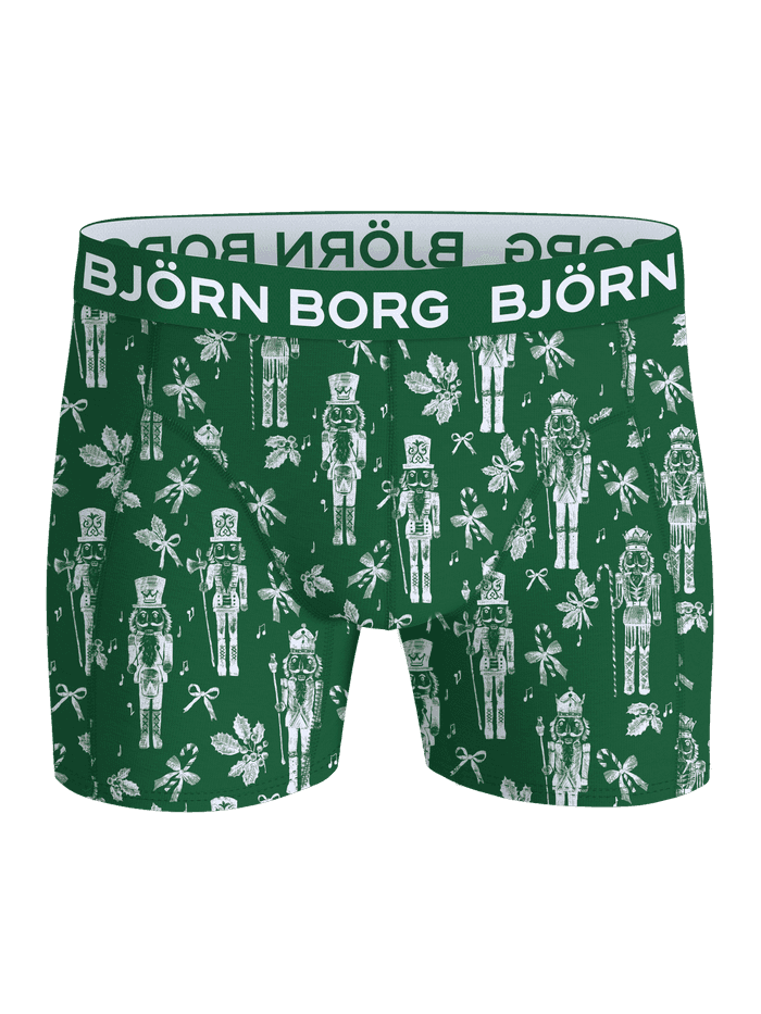 Green Cotton Stretch Christmas Calender Boxers featuring a white nutcracker print and white Björn Borg logo waistband.