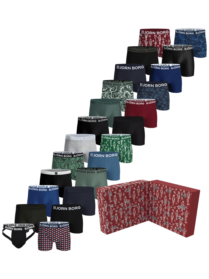 Cotton Stretch Christmas Calender Boxers 24-pack showing the 24 pairs of underwear alongside the Advent calendar box.