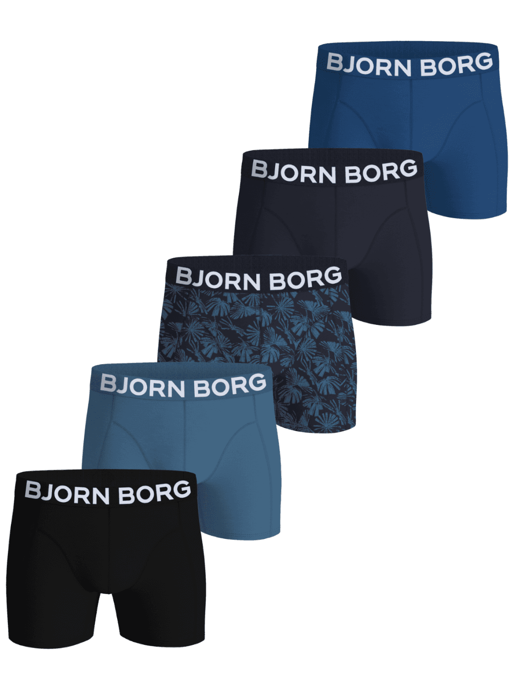 Organic Cotton Stretch Boxers 5-pack in multi colors with a white logo on the elastic waistband. - Image 1
