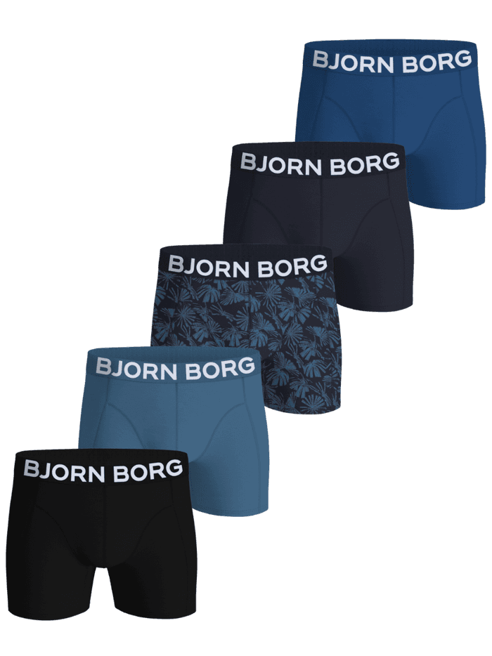Organic Cotton Stretch Boxers 5-pack in multi colors with a white logo on the elastic waistband.