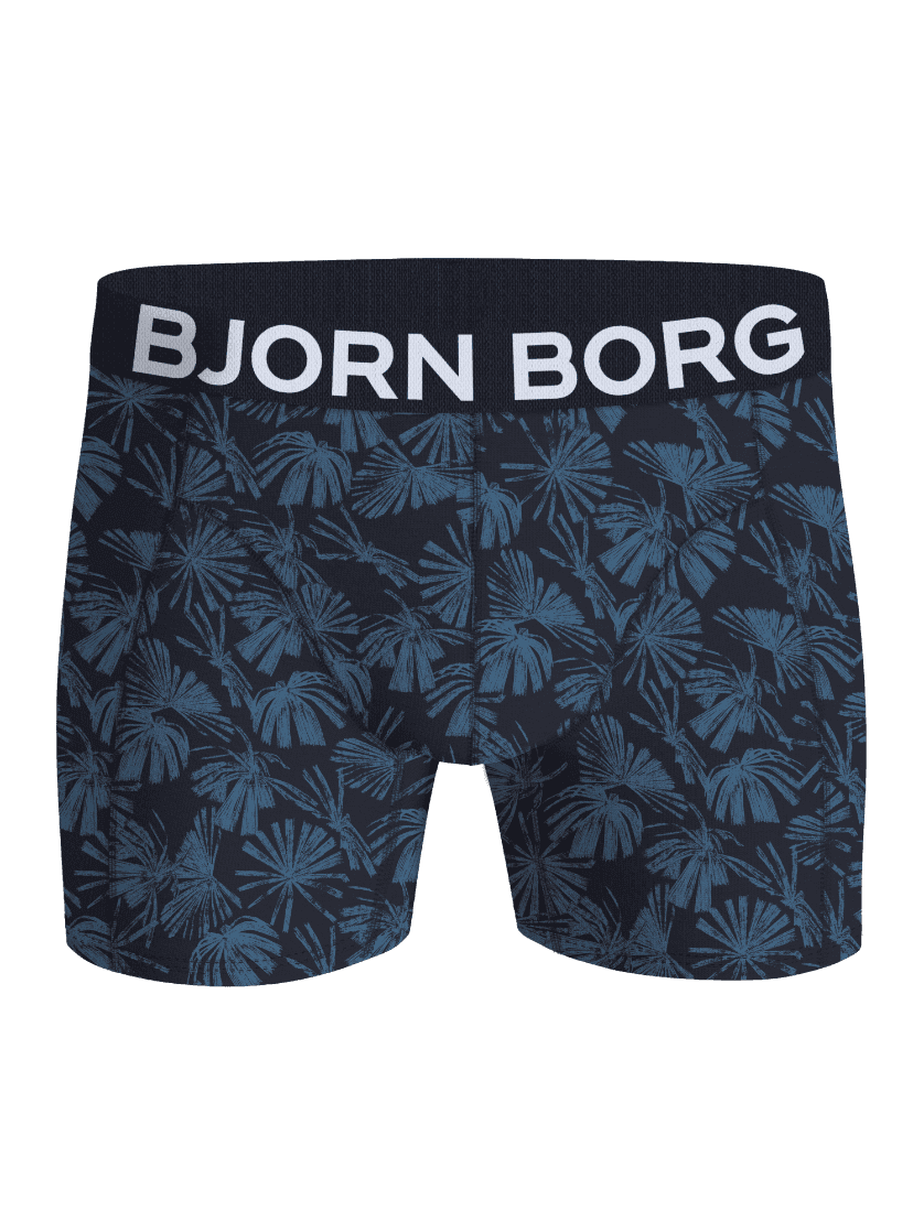 Front view of the Organic Cotton Stretch Boxers 5-pack featuring a blue palm print and a white logo on the waistband. - Image 5