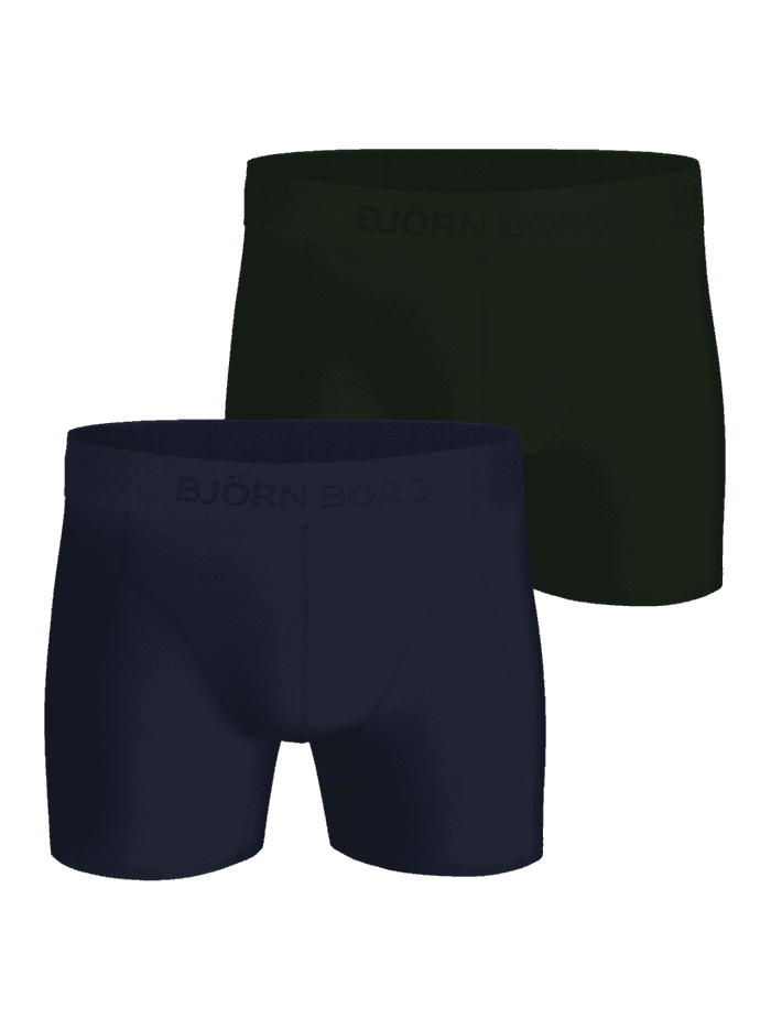 Premium Silk Modal Boxer Briefs 2-pack in dark green and navy featuring elastic waistbands with the logo.