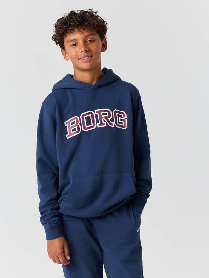 Front view of the Borg Classic Print Hoodie in Dress Blues (blue) with a graphic on the chest.