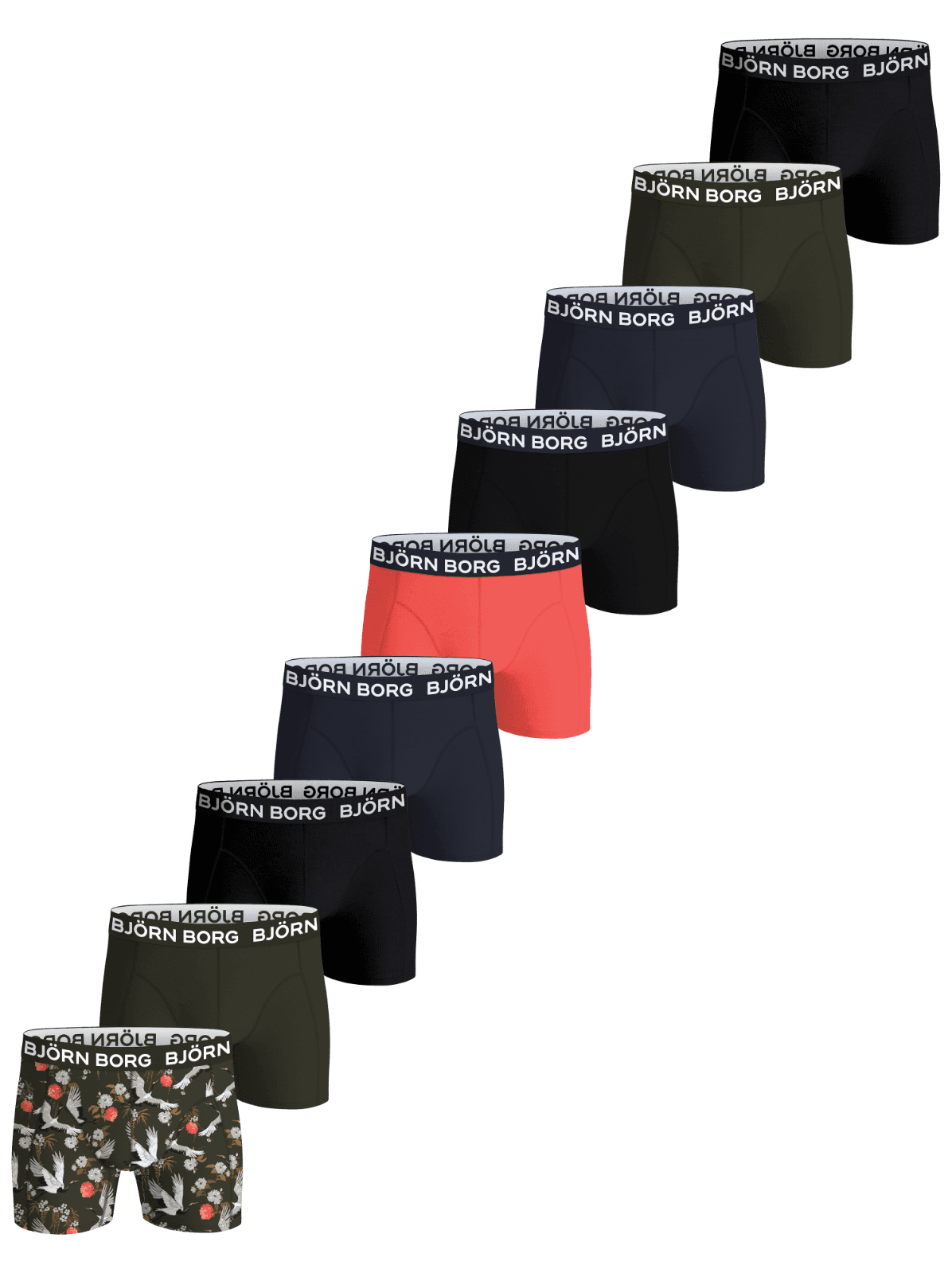 Cotton Stretch Boxer Briefs 9-pack in multi colors, featuring the iconic elastic waistband with white branding. - Image 1