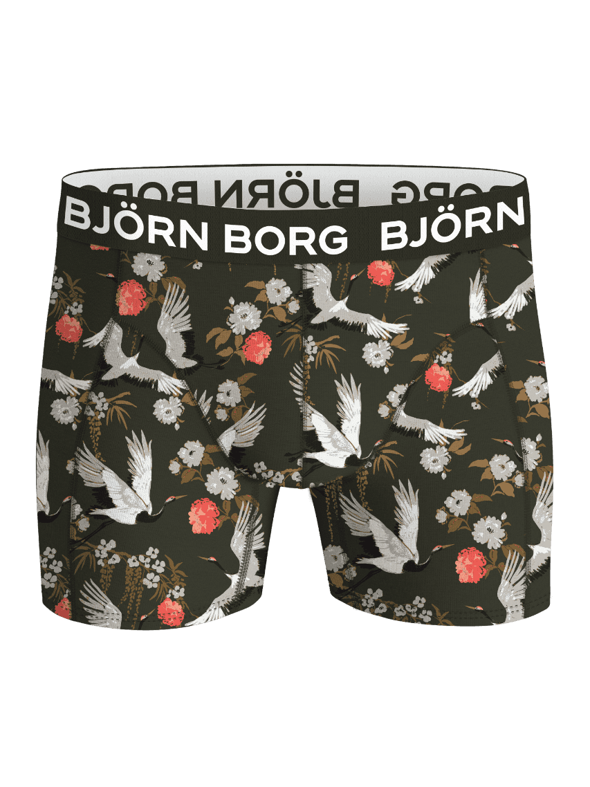 Cotton Stretch Boxer Briefs 9-pack in green featuring a floral and crane print with a white logo on the waistband. - Image 2