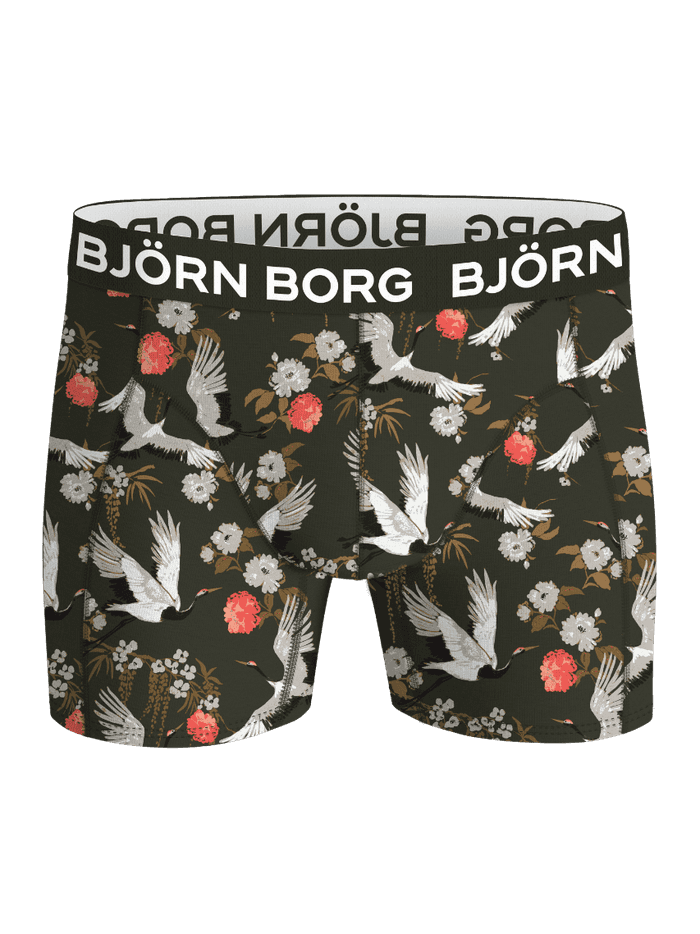 Cotton Stretch Boxer Briefs 9-pack in green featuring a floral and crane print with a white logo on the waistband.