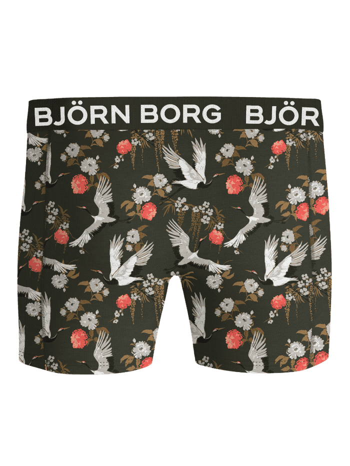 Cotton Stretch Boxers 9-pack featuring a crane and floral pattern, green base, and a white logo on the waistband.