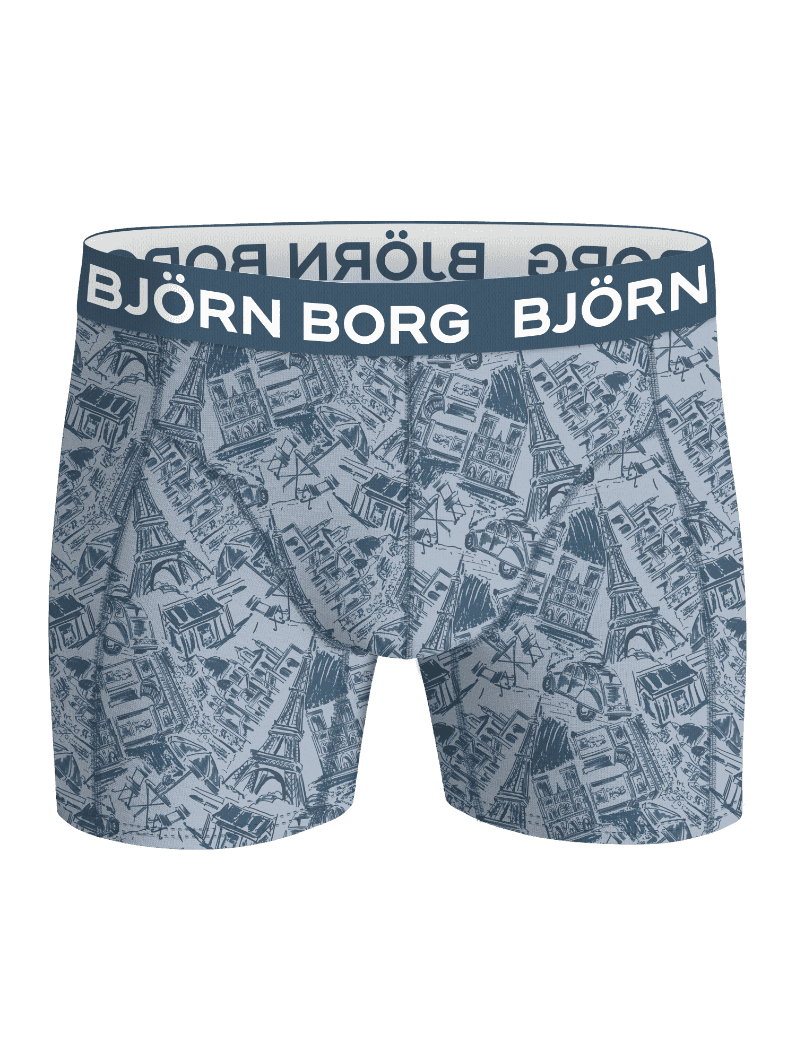 Front view of the Cotton Stretch Boxers 5-pack in a blue Paris-themed sketch pattern with a blue and white logo waistband. - Image 2