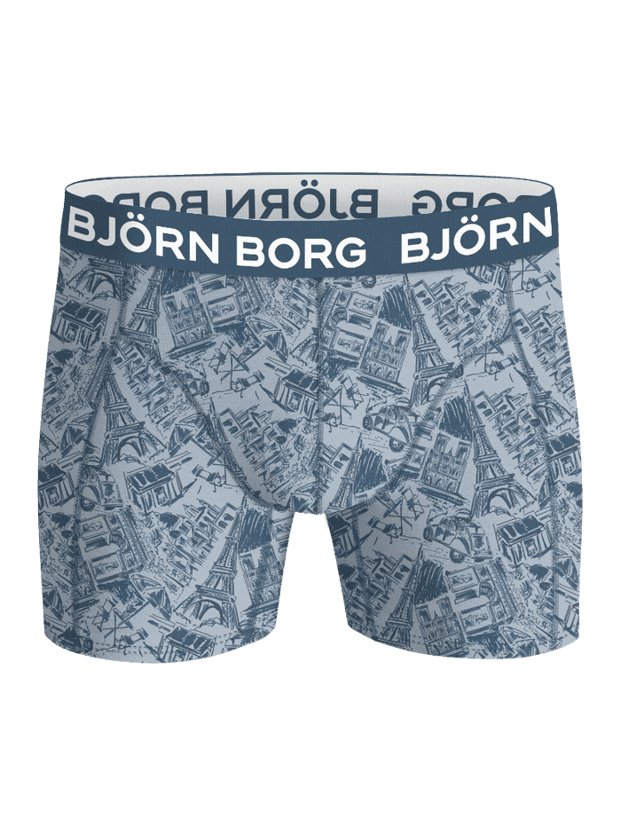 Front view of the Cotton Stretch Boxers 5-pack in a blue Paris-themed sketch pattern with a blue and white logo waistband.