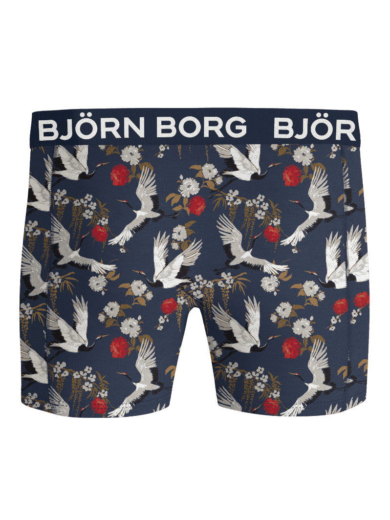 Front view of the Cotton Stretch Boxer briefs in blue with a crane bird and floral pattern and a white logo on the waistband. - Image 3