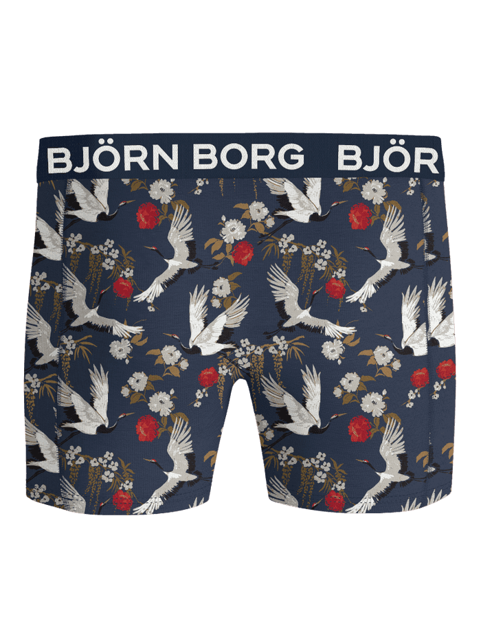 Front view of the Cotton Stretch Boxer briefs in blue with a crane bird and floral pattern and a white logo on the waistband.