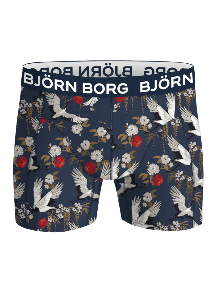 Cotton Stretch boxer briefs 3-pack with a crane and floral pattern, featuring a navy waistband with white Björn Borg logo.