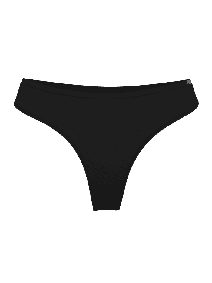 Front view of the black Comfort Thongs 2-pack showing the mid-rise waist and tonal logo at the hip.