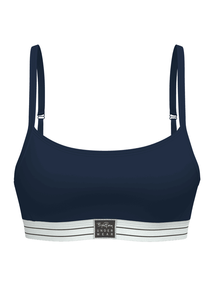 Front view of the Original Bralette in Dress Blues (Blue) featuring adjustable straps and a striped elastic band.