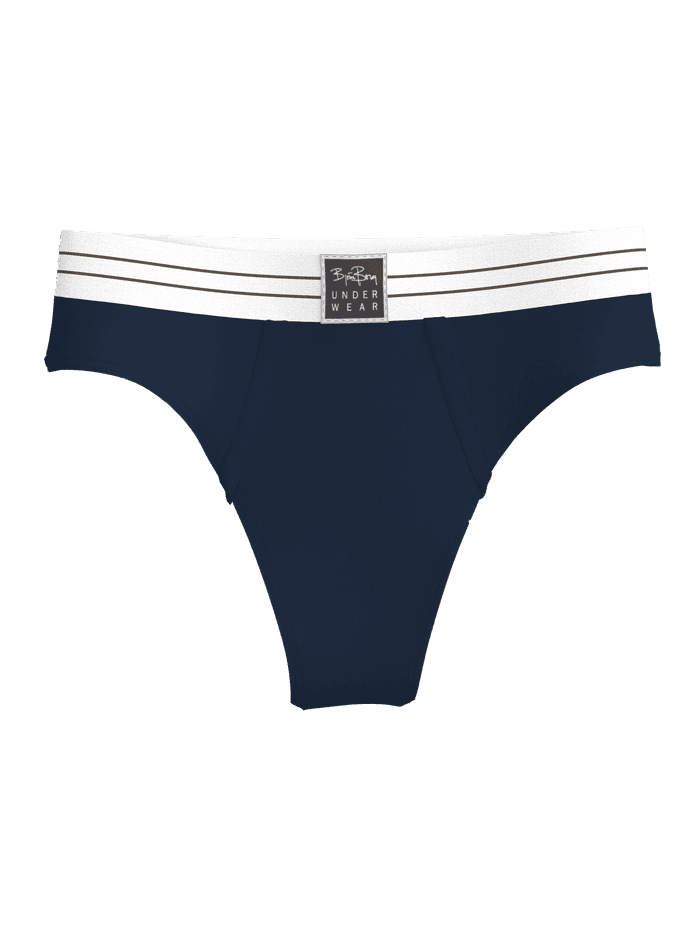 Front view of the Original Thongs 2-pack in blue and white with a striped elastic waistband and logo label.