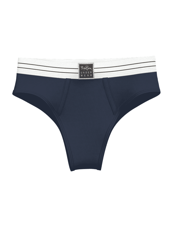 Front view of the Original Briefs 2-pack in blue with a white striped elastic waistband and central logo label.