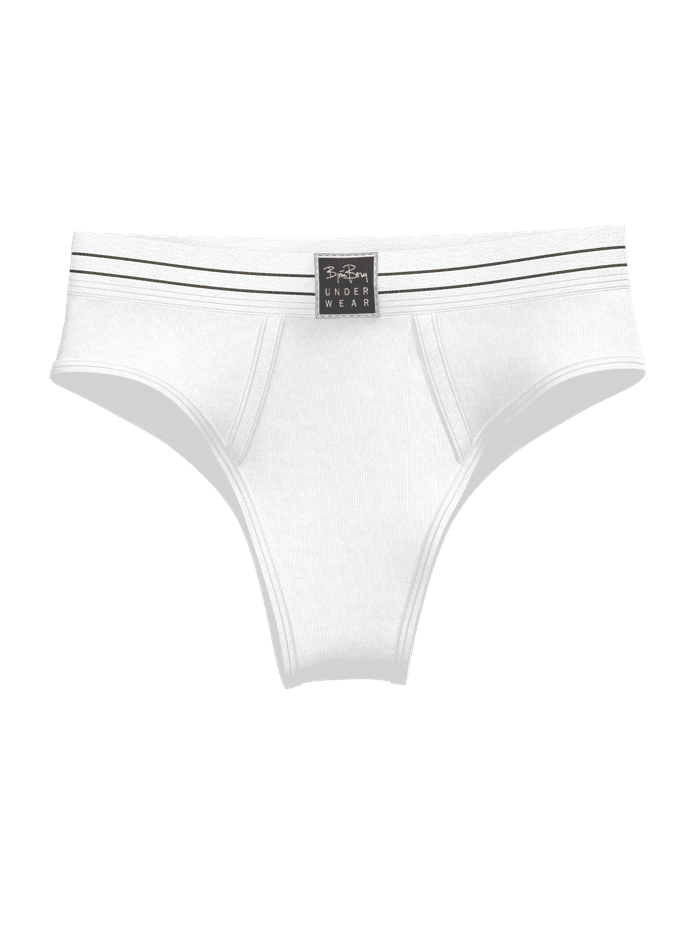 Close-up of the Original Briefs 2-pack in blue and white, featuring a striped waistband and center logo label.