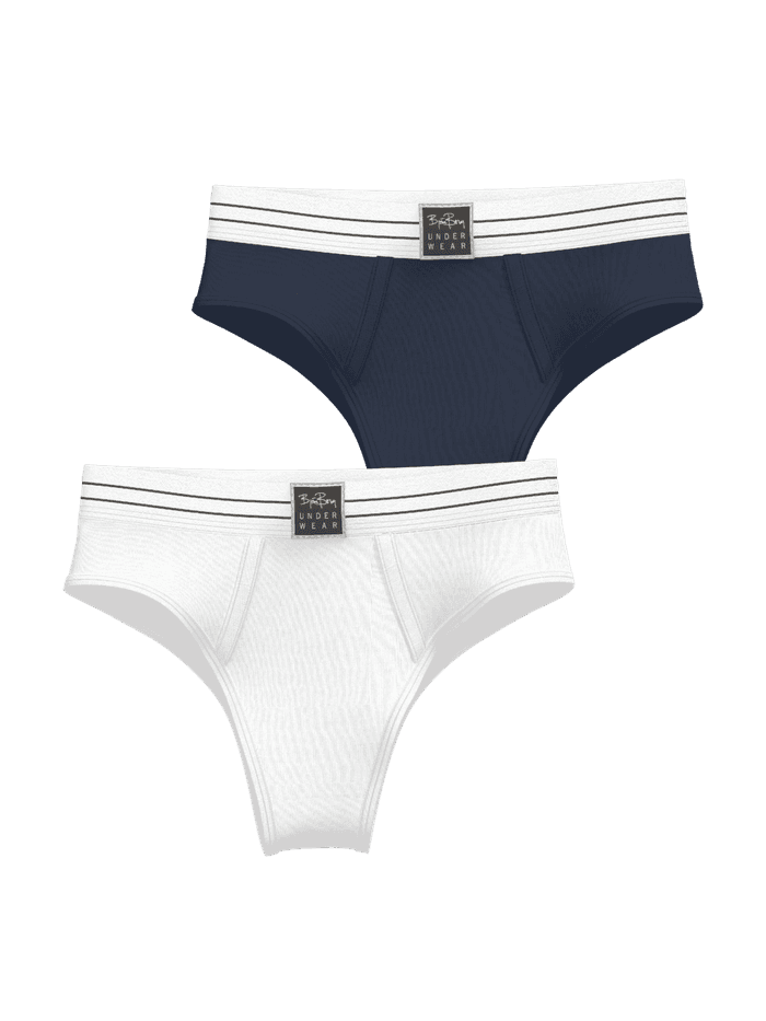 Front view of the Original Briefs 2-pack in blue and white featuring striped elastic waistbands and a logo patch.