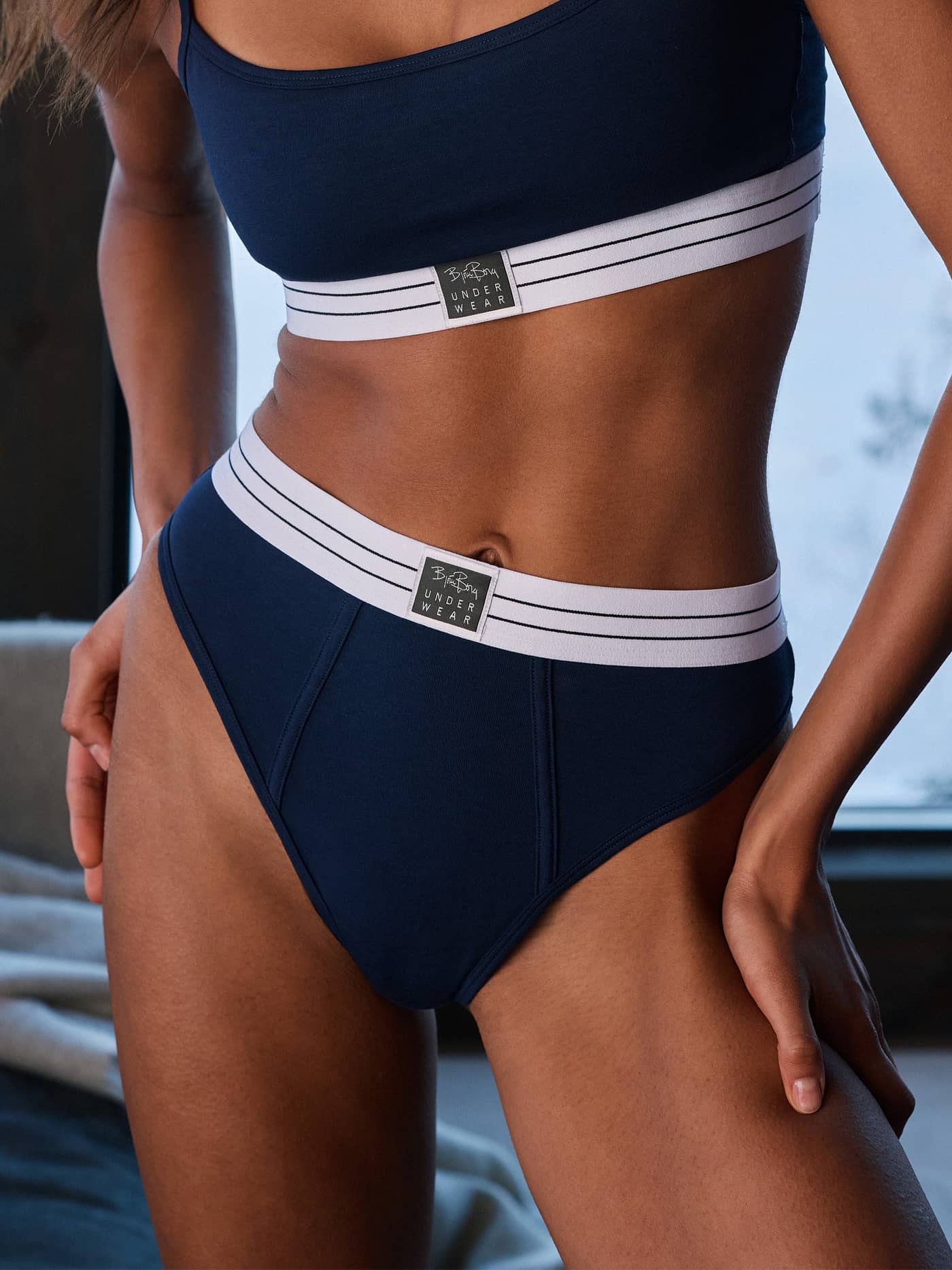 Close-up of the Original Briefs 2-pack in blue and white, featuring a striped elastic waistband with a front logo. - Image 3