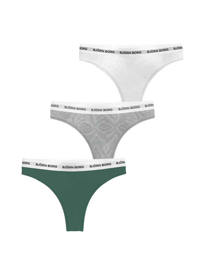 Front view of the Logo Thongs 3-pack in white, melange grey, and green featuring the iconic Björn Borg elastic waistband.