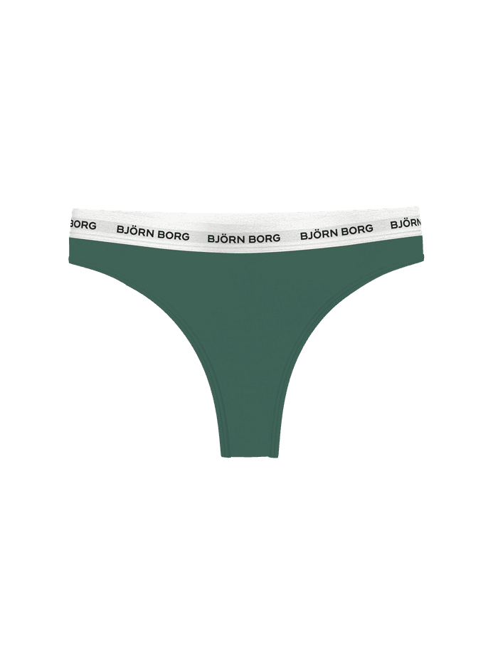 Front view of the Logo Thongs 3-pack featuring a green thong with an iconic white elastic waistband and black logo text.
