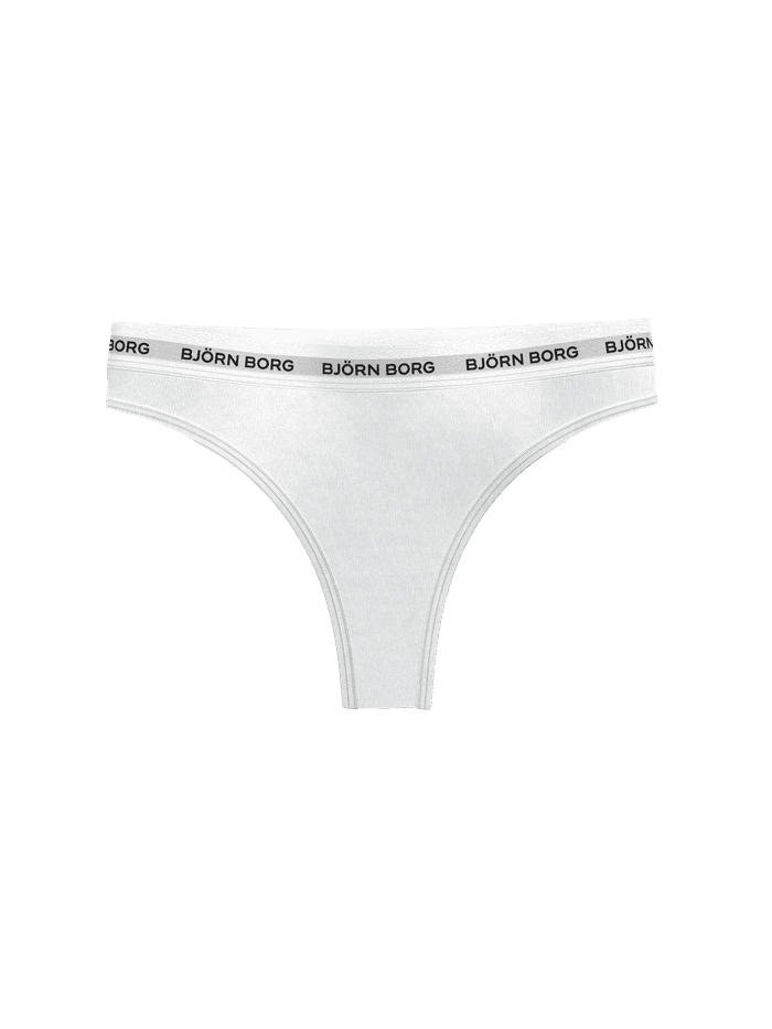 Front view of the white Logo Thongs 3-pack featuring an iconic elastic waistband with a contrasting logo.