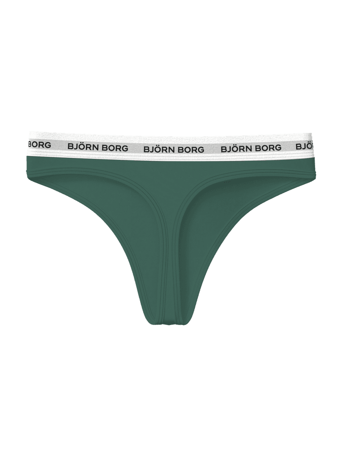 Logo Thongs 3-pack in green showcasing the iconic elastic waistband.