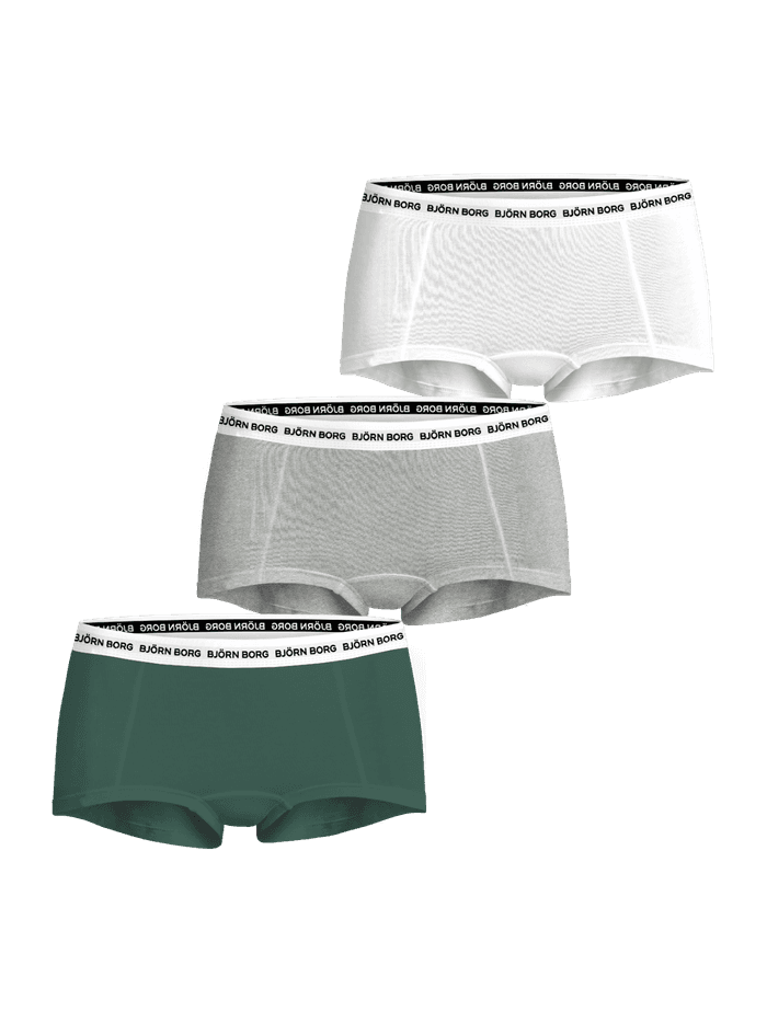Studio shot of the Logo Boxer Shorts 3-pack in white, melange, and green with iconic elastic waistbands.