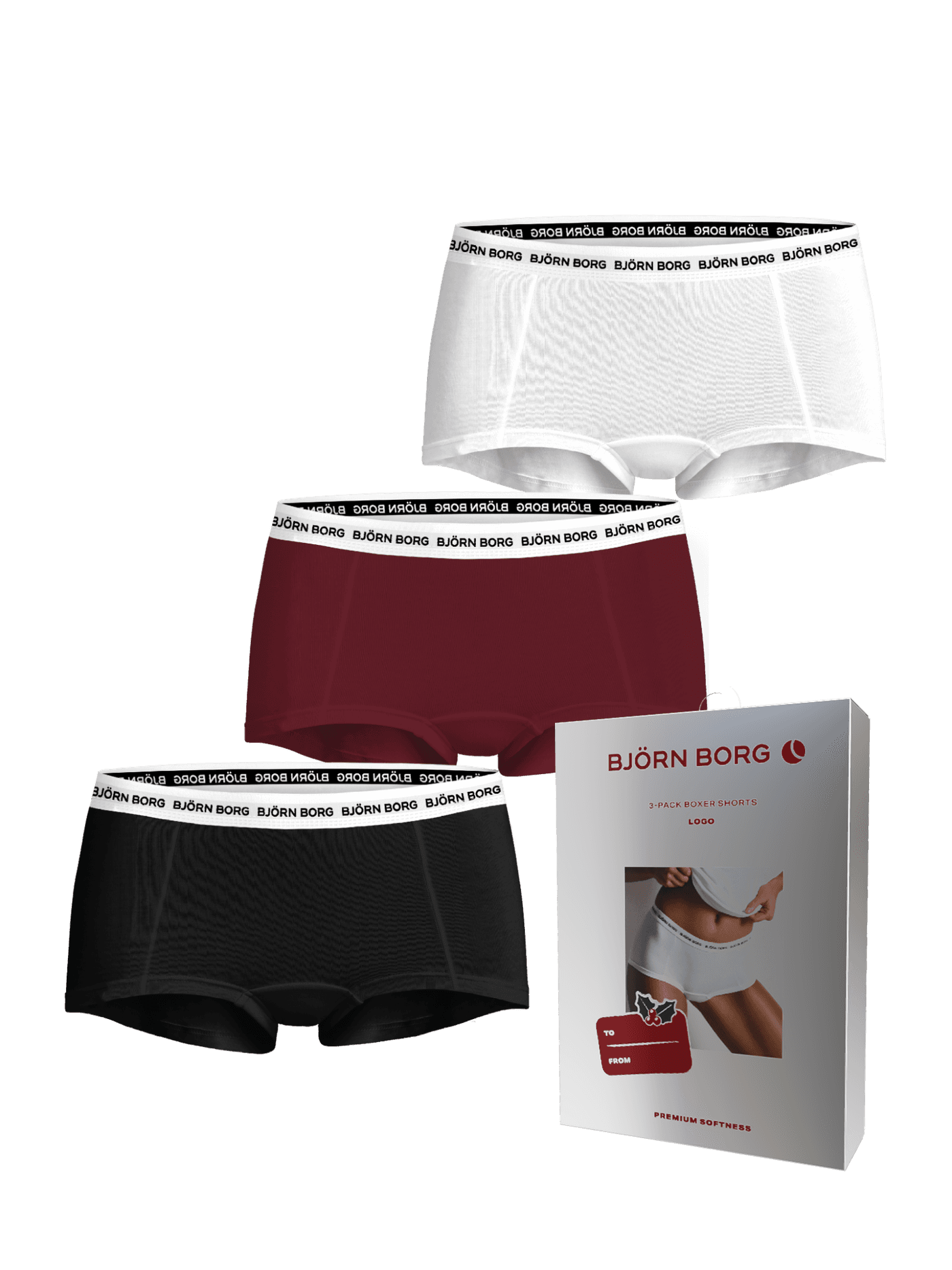 Logo Boxer Shorts 3-pack in white, red, and black with Björn Borg elastic waistband, shown with the packaging box. - Image 1