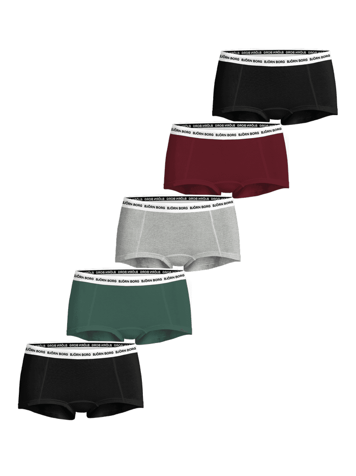 Logo Boxer Shorts 5-pack in black, red, melange, green, and black with iconic white Björn Borg waistbands.