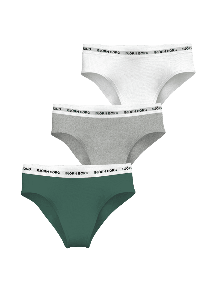 Logo Highwaist Briefs 3-pack in white, melange grey, and green featuring the iconic Björn Borg logo waistband.