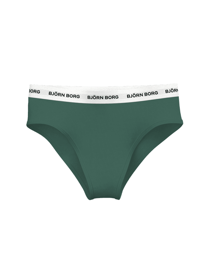 Front view of the Logo Highwaist Briefs 3-pack in green with a white elastic logo waistband featuring black lettering.