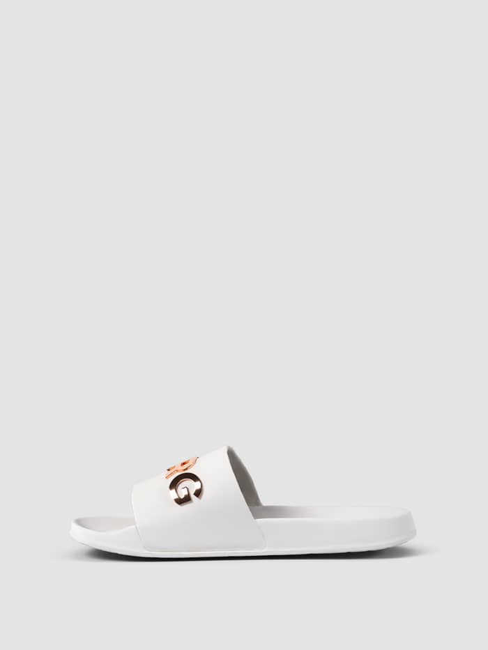 Zijaanzicht van de witte Björn Borg Women's Sandal Knox met een flexibele pasvorm en een metallic roségouden logo. - Image 2